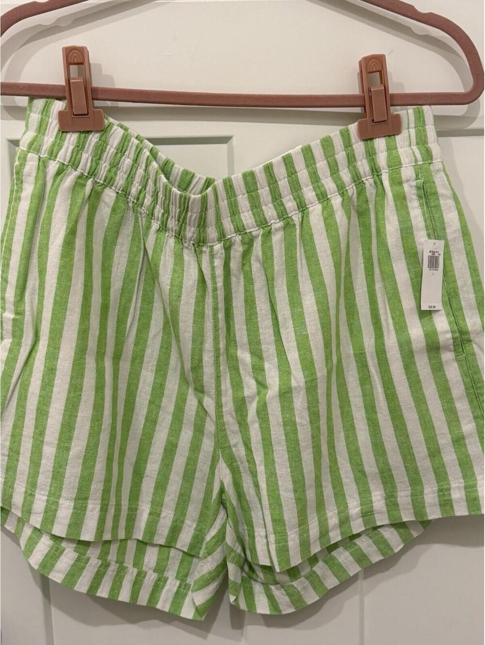 Old Navy High Rise Linen Blend Striped Shorts Green White Size L NWT Pockets